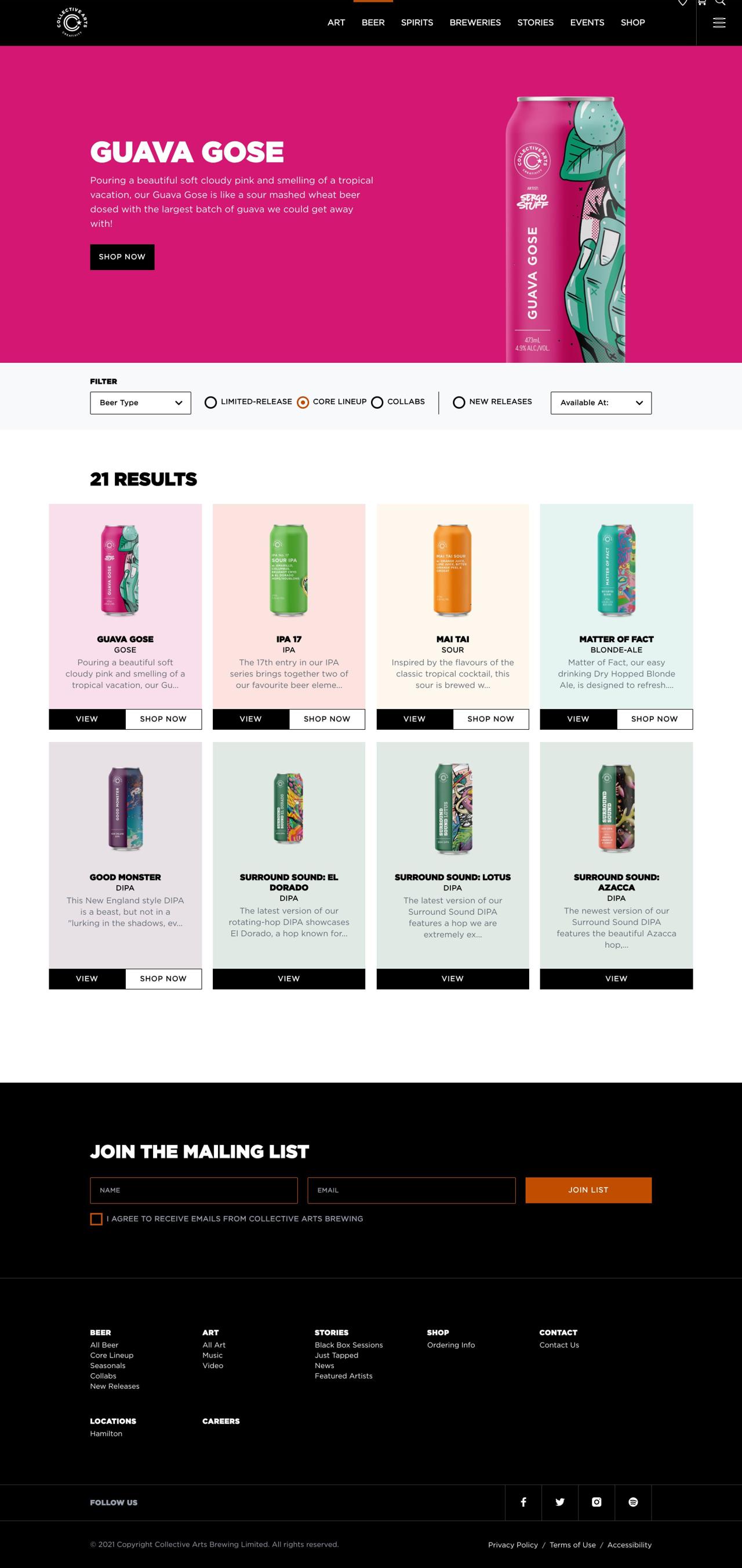 Collective Arts Brewing craft beverages and art website screenshot