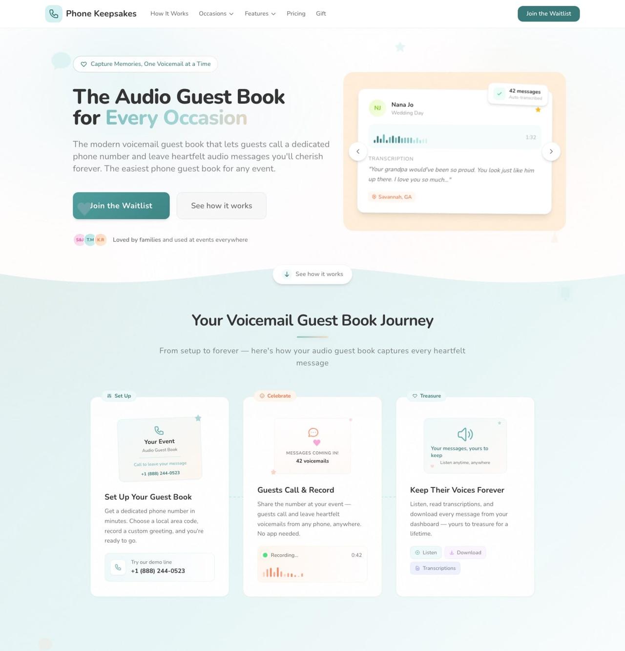 Phone Keepsakes audio guest book website screenshot