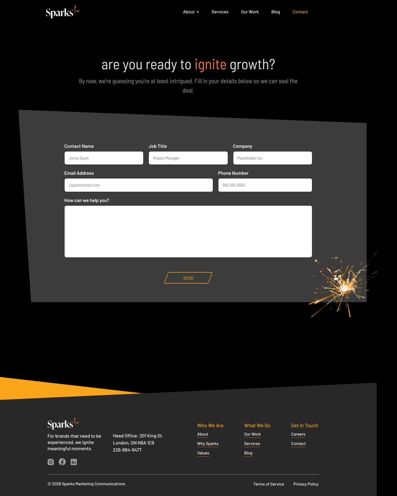 Screenshot of the Sparks contact page