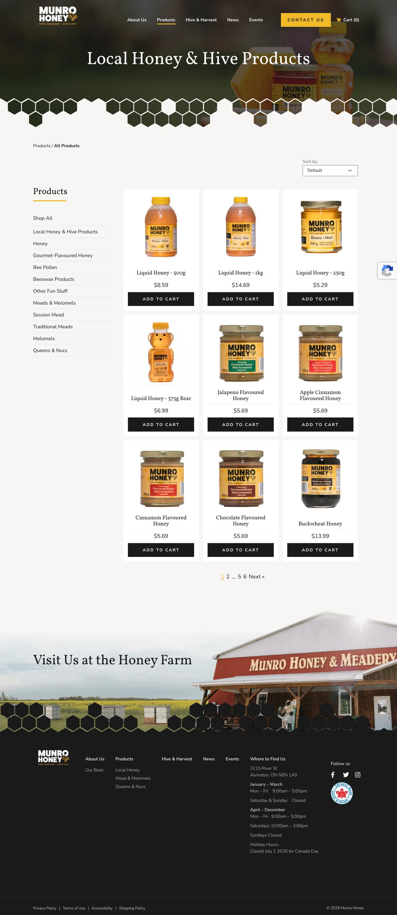 Screenshot of the Munro Honey products and e-commerce shop page