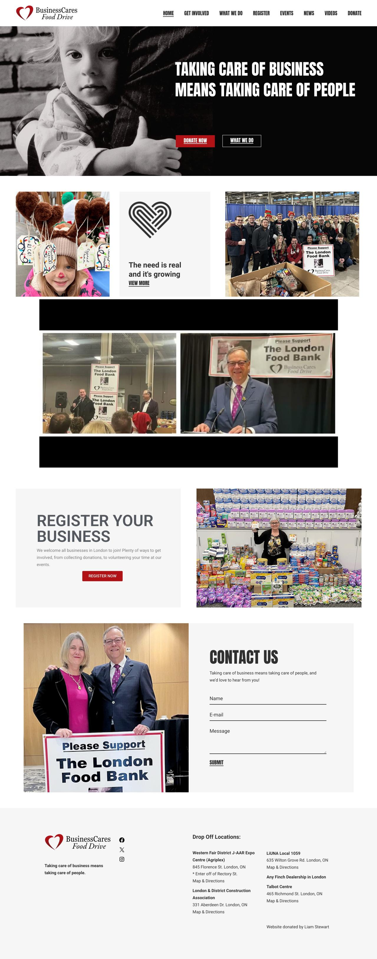 Screenshot of the Business Cares Food Drive website homepage
