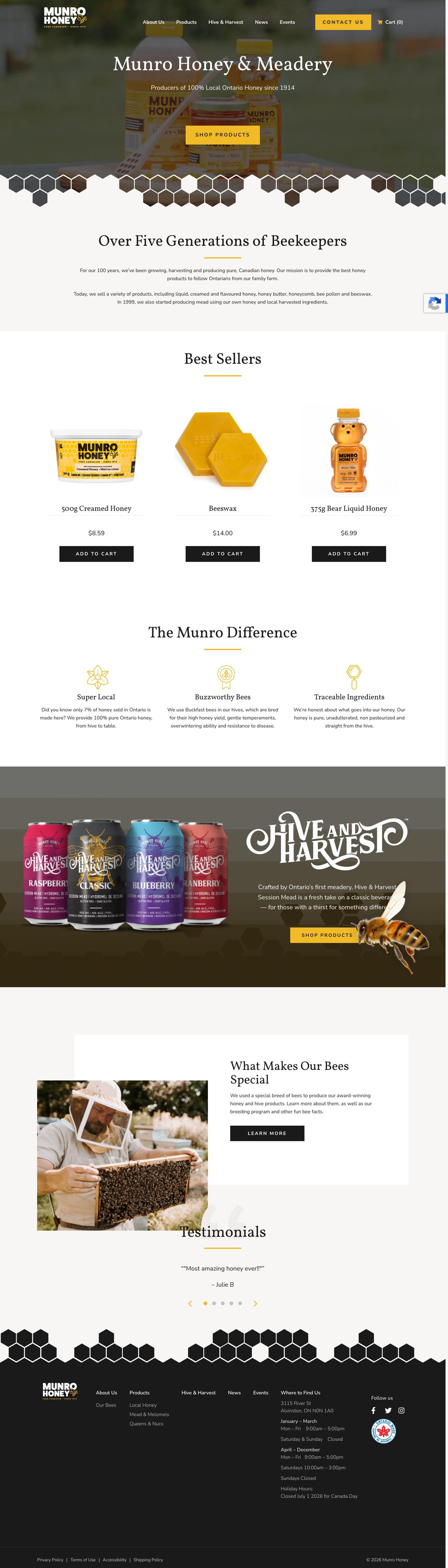 Screenshot of the Munro Honey & Meadery website homepage