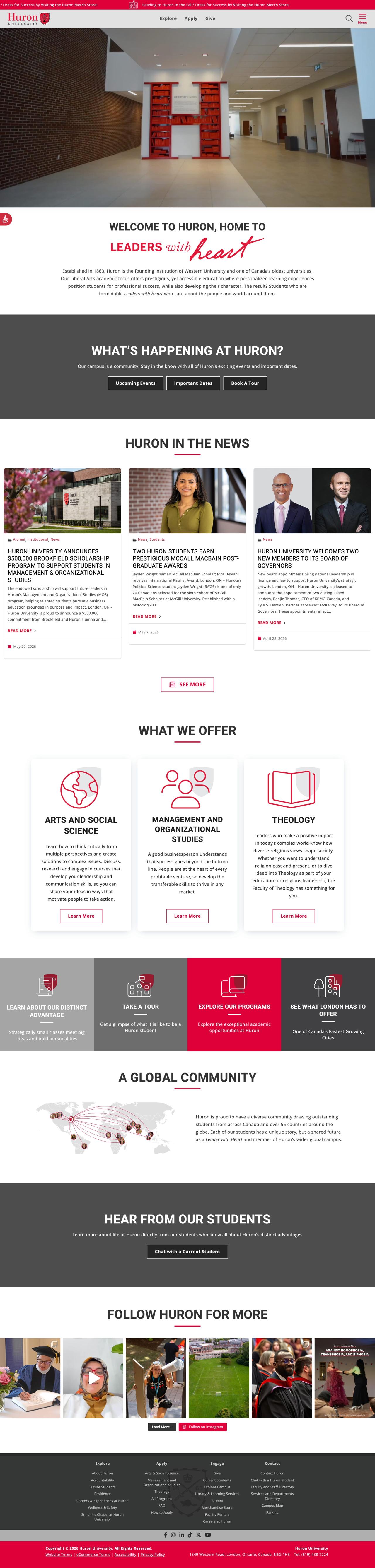 Screenshot of the Huron University College website homepage
