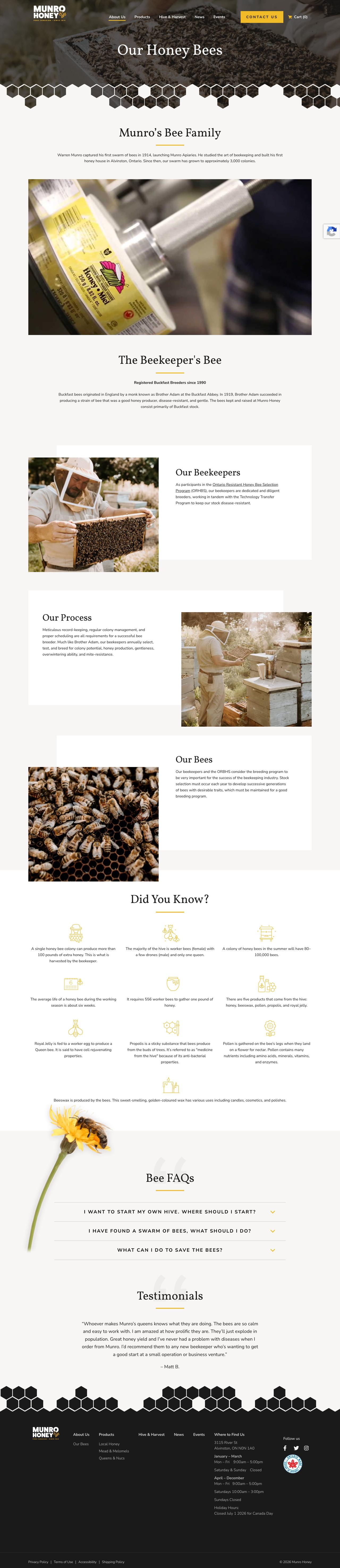 Screenshot of the Munro Honey Our Bees page