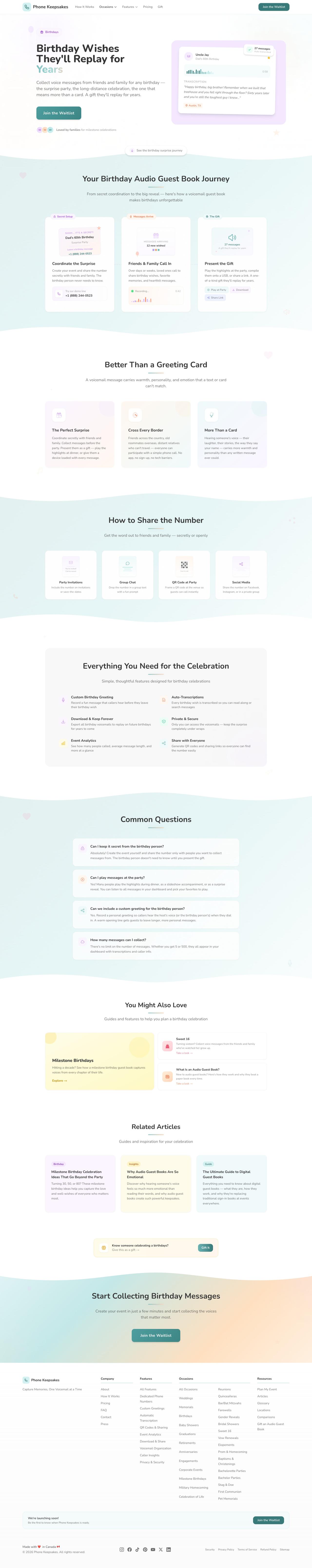 Screenshot of the Phone Keepsakes birthdays occasion page